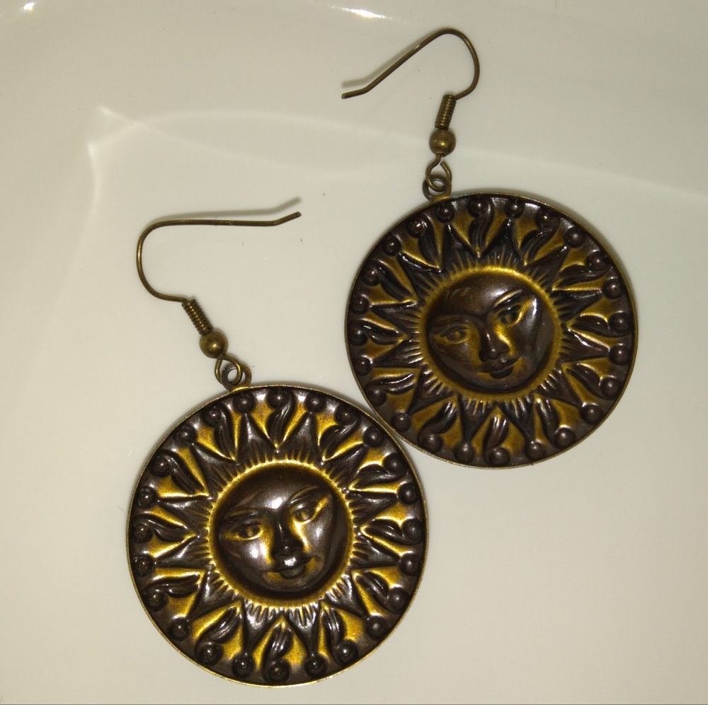 Golden Sun Face Earrings View 2